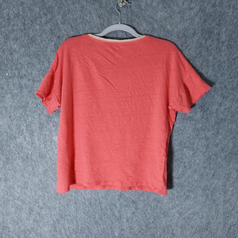 Chicos Women 100% Linen Top 1 M Pink Coastal MinimalistMetallic Trim Short Slve - Picture 6 of 9